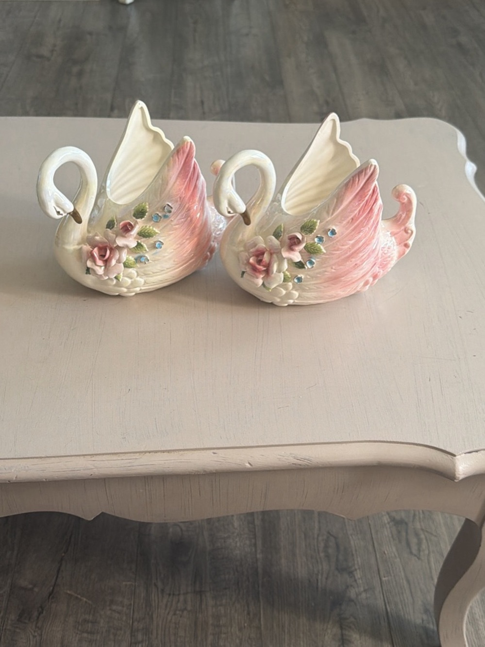 Vintage Pink and Cream Ceramic Swan Planter Pair